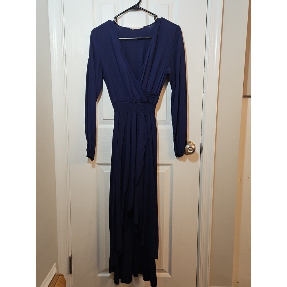 KorMei Women Long Sleeve VNeck Blue High Low Flowy Party Long Maxi Dress Small